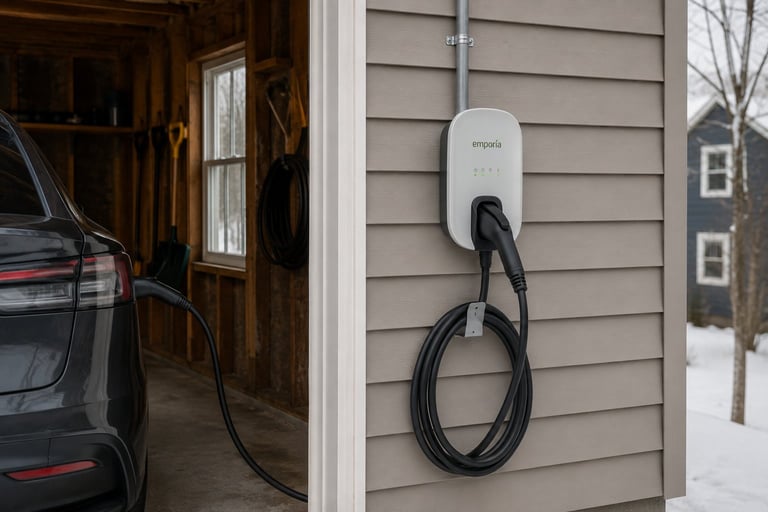 Electric vehicle charging station mounted on house exterior wall with black cable connected to parked car in garage