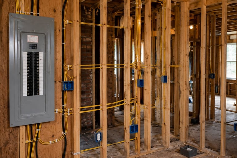 Electrical panel on unfinished interior wall framing with wooden studs and blue electrical outlet boxes visible