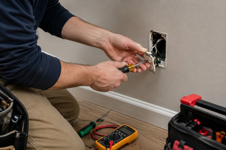 Electrician holding a screwdriver while working on an electrical outlet, with a multimeter and toolbox visible