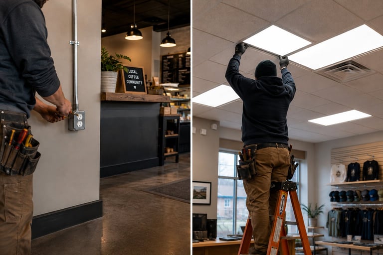 Two images showing workers installing fixtures: left panel shows man holding tools at door lock installation; right panel shows man on ladder adjusting ceiling panel.