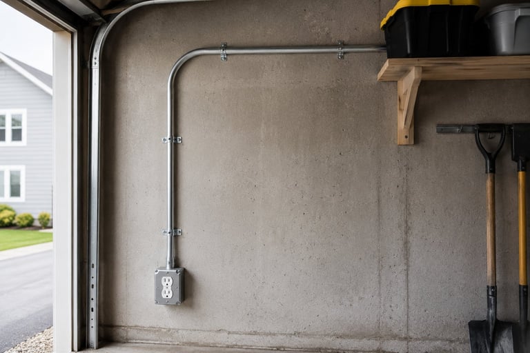 Garage interior with concrete walls, open garage door on left, white outlet on wall, wooden shelf with tools on right