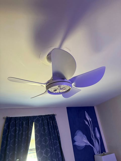 Modern ceiling fan with blue blade and LED light fixture illuminated in a room with curtained window and artwork