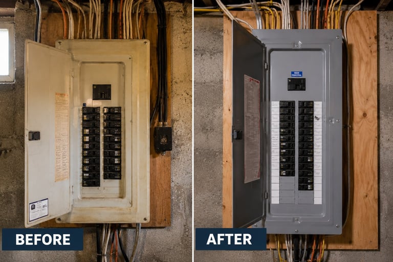 Before and after comparison of electrical panel upgrade: old beige breaker box replaced with new gray modern panel.